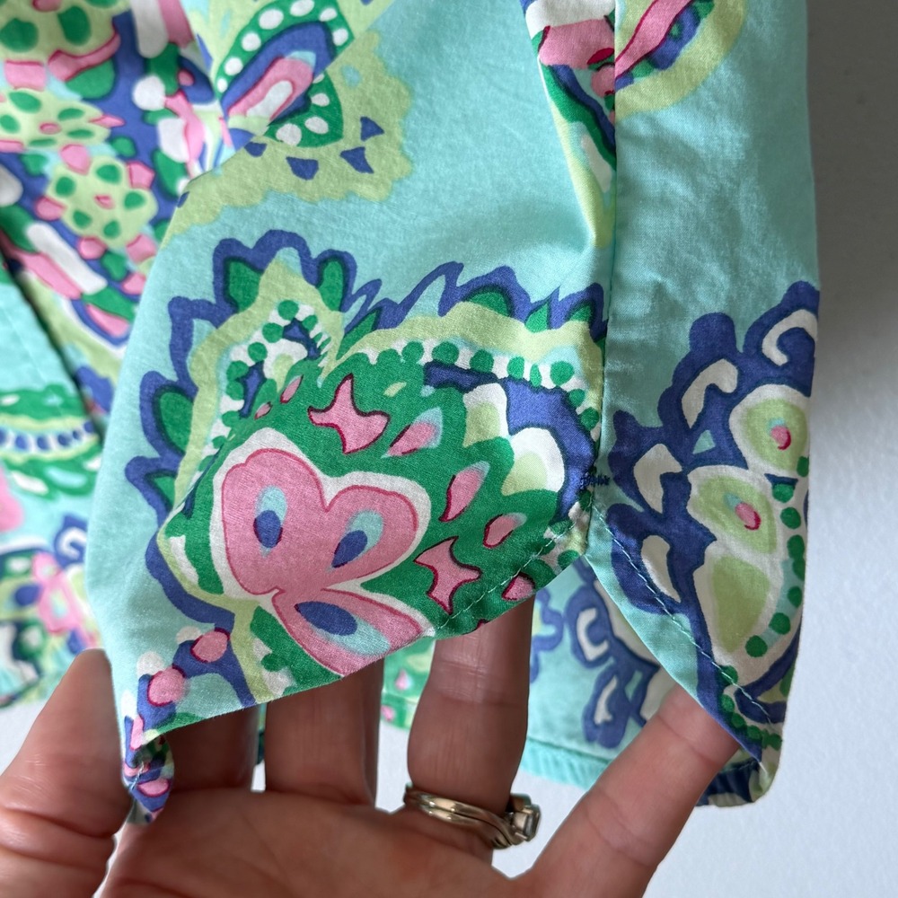 Talbots Button Up Blouse Shirt XS Teal Paisley Long Sleeve 100% Cotton Coastal - Picture 6 of 10